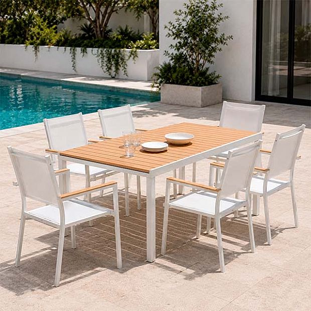 Table de Repas Extensible en Aluminium pour Terrasse en Gros avec Plateau à Lattes Aspect Bois - 11D08F