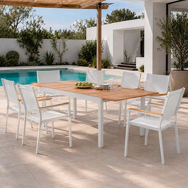 Table de Repas Extensible en Aluminium pour Terrasse en Gros avec Plateau à Lattes Aspect Bois - 11D08F