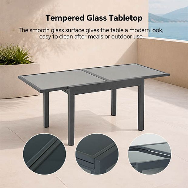 HF Patios Table à Manger Extensible pour Extérieur avec Plateau en Verre Trempé de 5 mm Sérigraphié | Vente en Gros - 11D10A