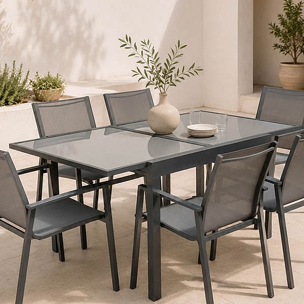 HF Patios Table à Manger Extensible pour Extérieur avec Plateau en Verre Trempé de 5 mm Sérigraphié | Vente en Gros - 11D10A
