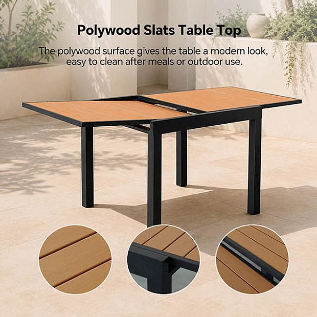 HF Patios Table à Manger Extensible pour Extérieur avec Structure en Aluminium et Plateau à Lames en WPC | Vente en Gros - 11D10H