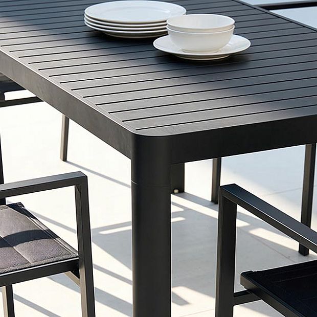 Table de jardin rectangulaire en aluminium extensible à plateau à lattes, pour l'extérieur, en gros - 11D26C