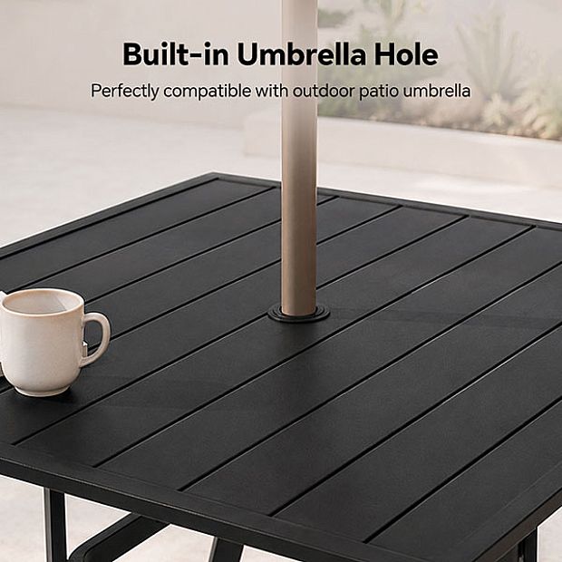 HF Patios Table Carrée de Repas d’Extérieur en Fer avec Trou pour Parasol et Plateau à Lames | Vente en Gros - 11C12N