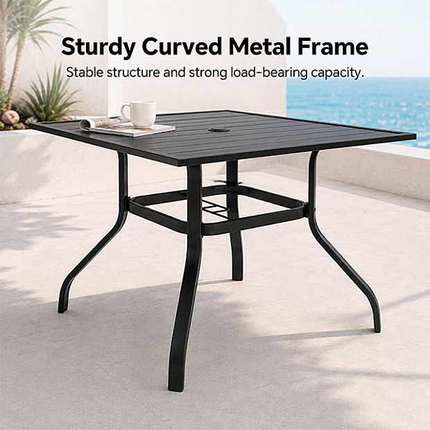 HF Patios Table Carrée de Repas d’Extérieur en Fer avec Trou pour Parasol et Plateau à Lames | Vente en Gros - 11C12N