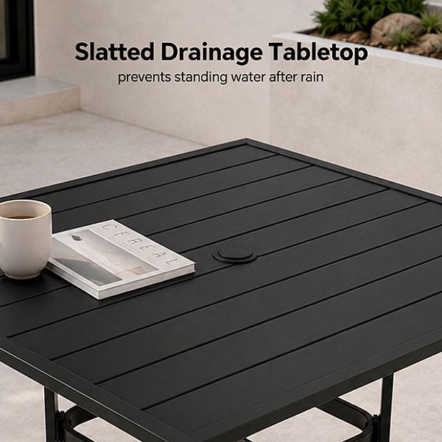 HF Patios Table Carrée de Repas d’Extérieur en Fer avec Trou pour Parasol et Plateau à Lames | Vente en Gros - 11C12N
