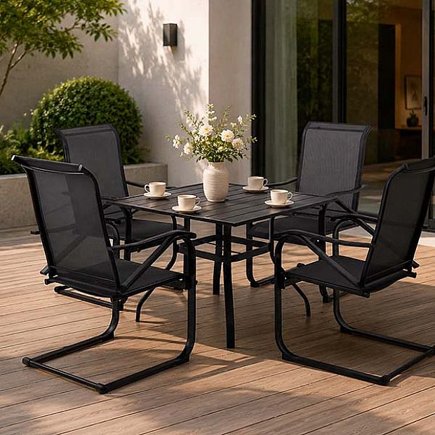 HF Patios Table Carrée de Repas d’Extérieur en Fer avec Trou pour Parasol et Plateau à Lames | Vente en Gros - 11C12N