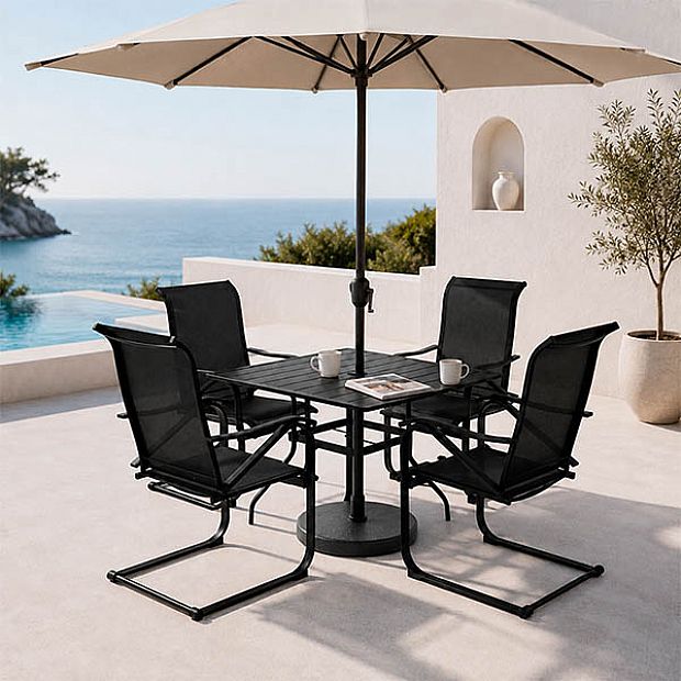 HF Patios Table Carrée de Repas d’Extérieur en Fer avec Trou pour Parasol et Plateau à Lames | Vente en Gros - 11C12N