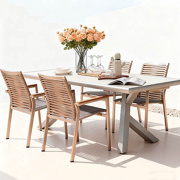 Table à manger rectangulaire d'extérieur en alliage d'aluminium pour 6 personnes, avec plateau en PS imitation bois - 11D26A