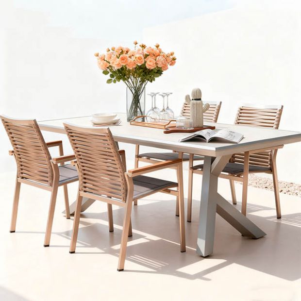 Table à manger rectangulaire d'extérieur en alliage d'aluminium pour 6 personnes, avec plateau en PS imitation bois - 11D26A