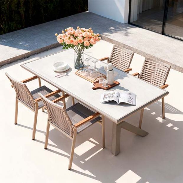 Table à manger rectangulaire d'extérieur en alliage d'aluminium pour 6 personnes, avec plateau en PS imitation bois - 11D26A