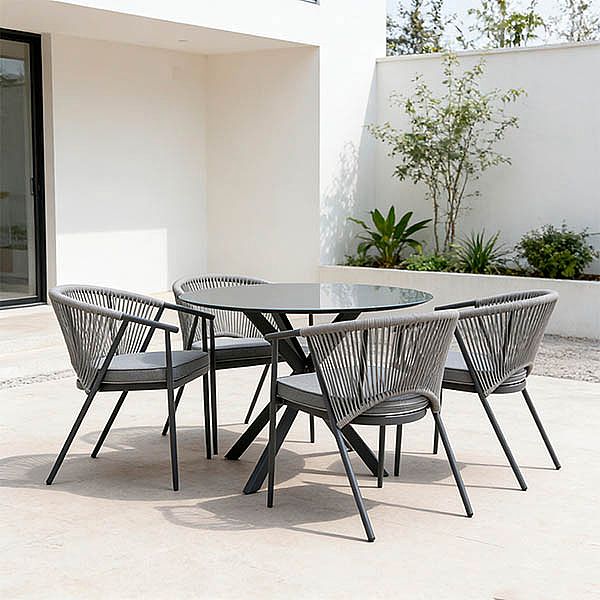Table de salle à manger d'extérieur ronde avec plateau en verre dépoli imprimé de 5 mm - 11D26F