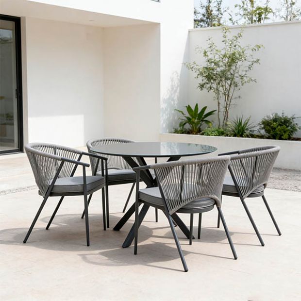 Table de salle à manger d'extérieur ronde avec plateau en verre dépoli imprimé de 5 mm - 11D26F