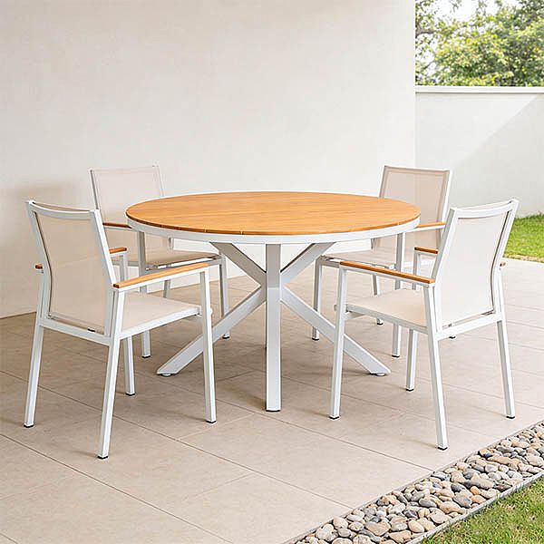 Table à manger d'extérieur ronde avec plateau en composite bois-plastique, idéale pour les terrasses et les jardins - 11D26H