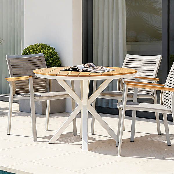 Table à manger d'extérieur ronde avec plateau en composite bois-plastique, idéale pour les terrasses et les jardins - 11D26H