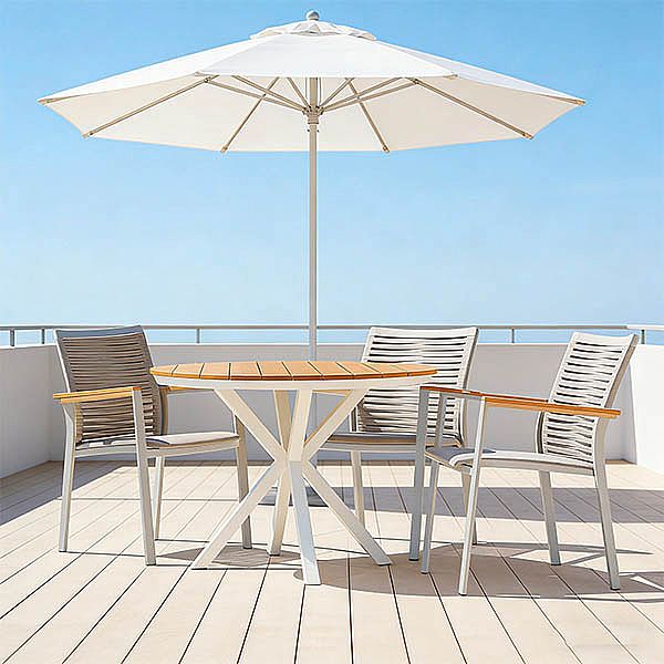 Table à manger d'extérieur ronde avec plateau en composite bois-plastique, idéale pour les terrasses et les jardins - 11D26H